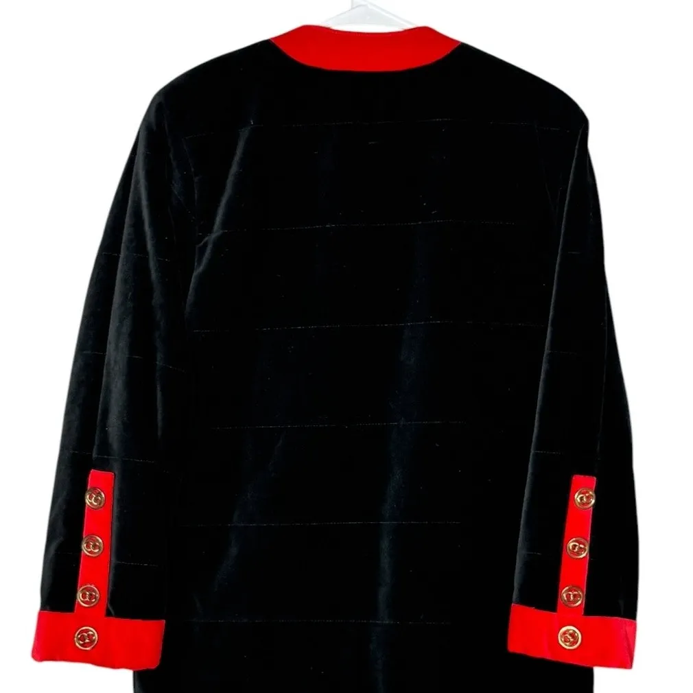 Vintage 80s Cattiva Velvet Quilted Coat Black Red Trim Gold Buttons Sz Small - Image 11