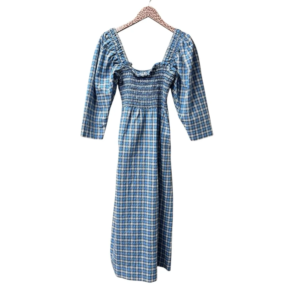 Ganni Shirred Checkered Cotton Blend Seersucker Gingham Midi Dress Blue 34 - Image 3