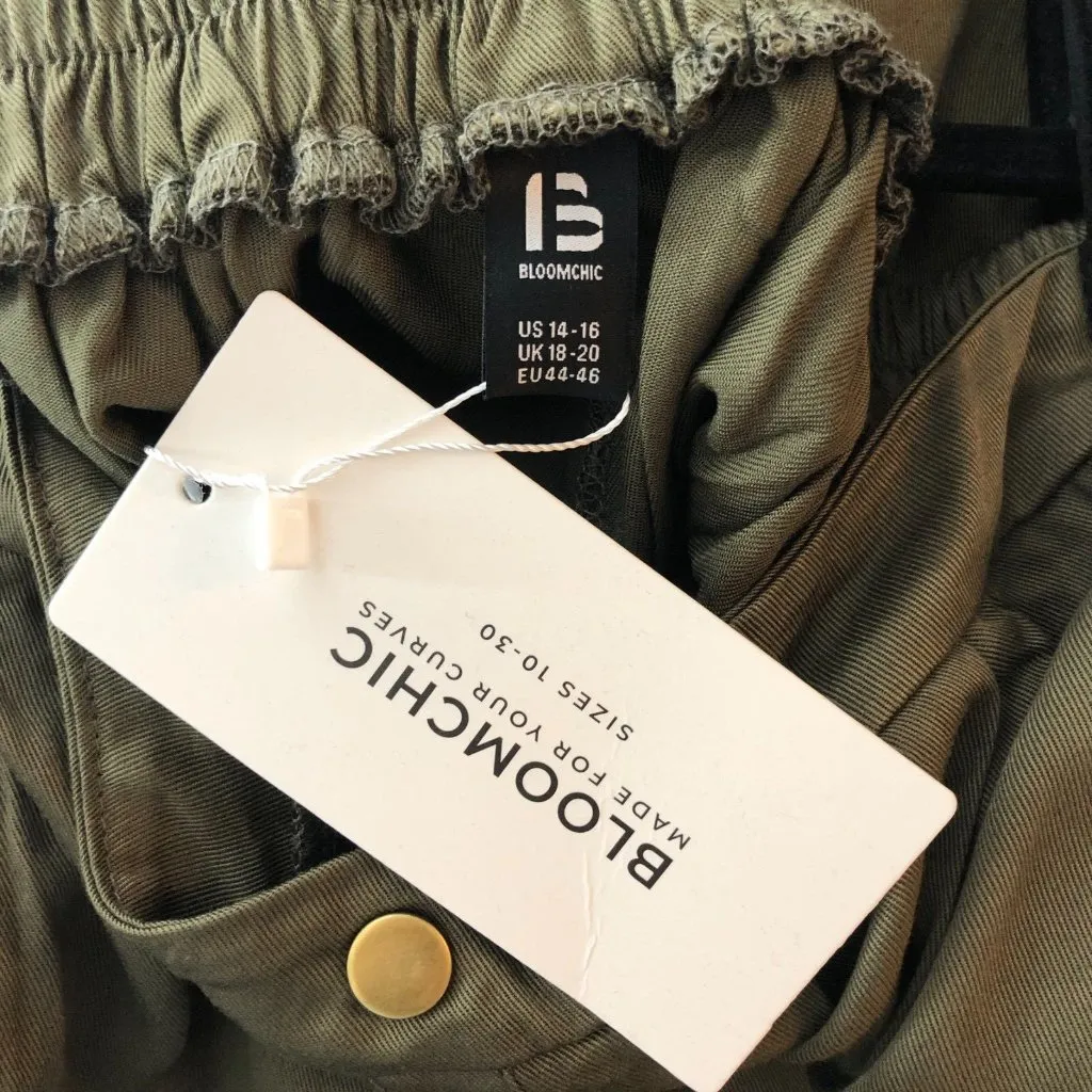 Bloomchic Button Detail Pocket Split Back Elastic Waist Skirt Army Green 14 - Image 5