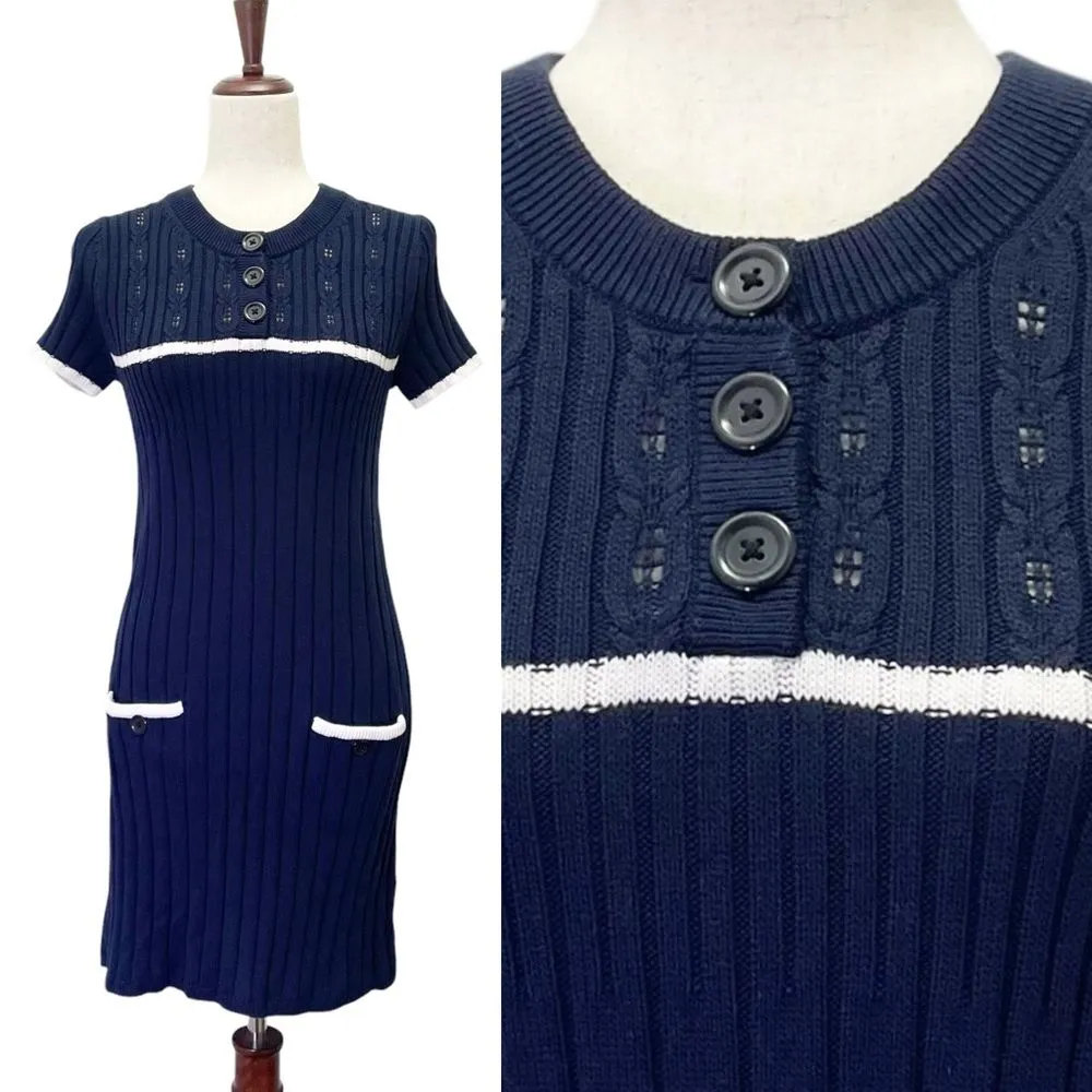NWT Banana Republic Crochet Trim Cotton Sweater Dress Navy White Size Small NEW - Image 2