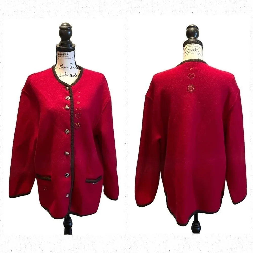 GEIGER of Austria Wool Sweater Jacket Cardigan Ruby Red Size Large Hearts Stars - Image 13