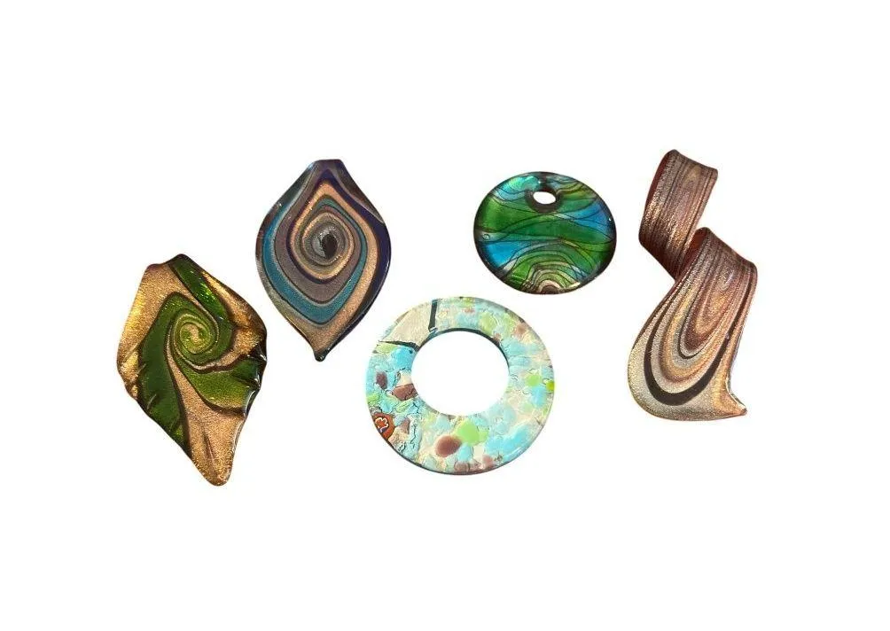 Lot 5 Dichroic Glass Pendants Charms Circle Leaf Blue Green Gold Multicolor - Image 1