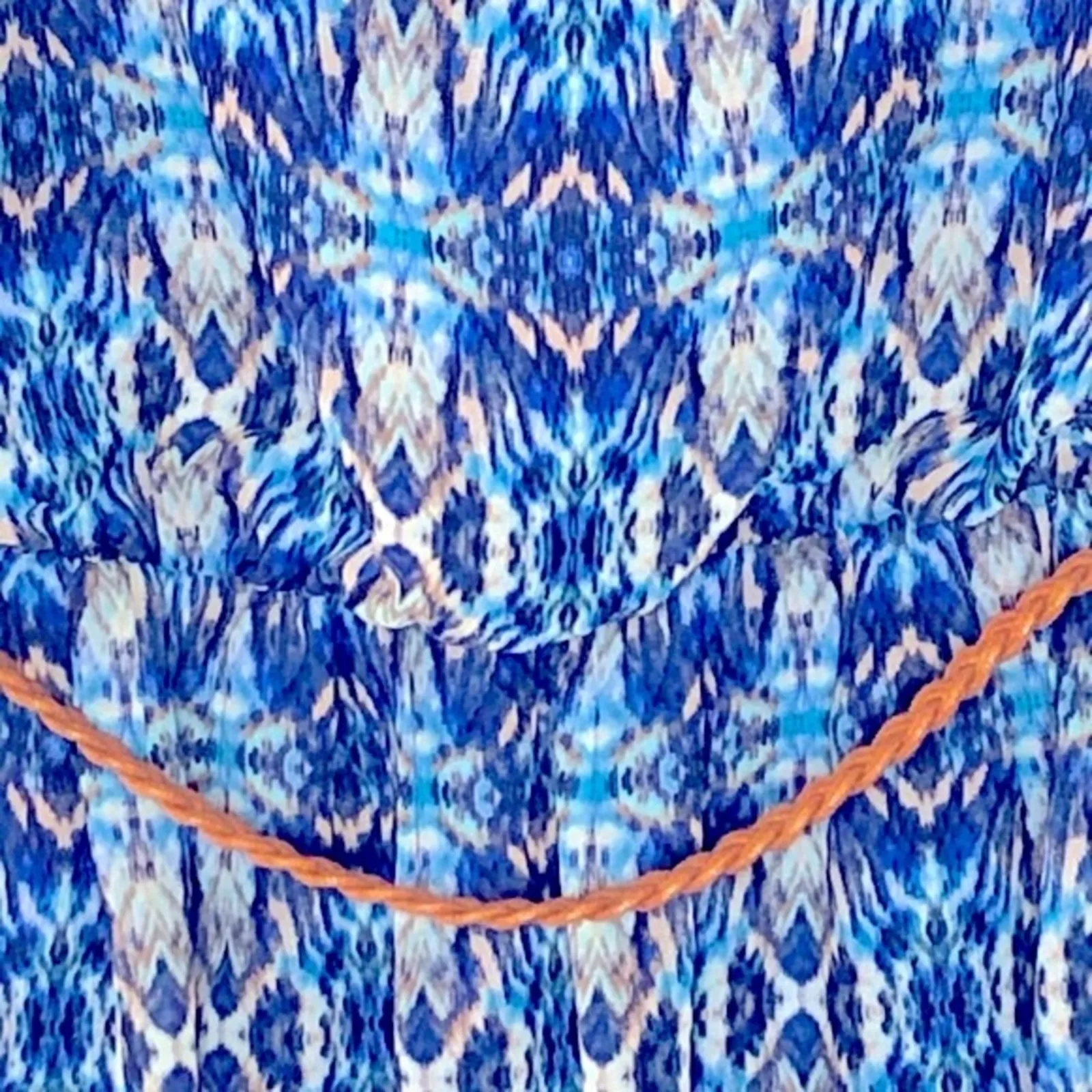 Cato Caged Back Belted Midi Blouson Dress Medium Blue Tan Cream Pattern - Image 4