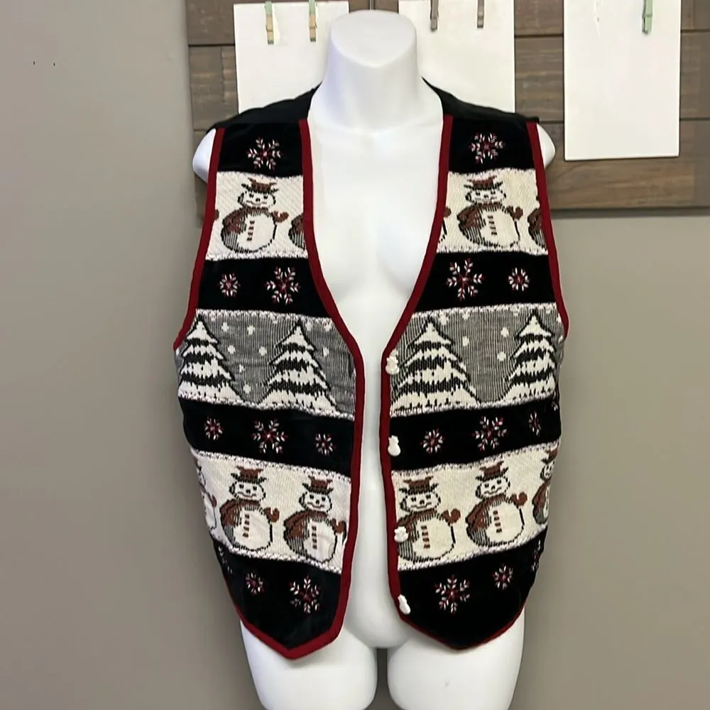 TanTrums Vintage Black Button Up Snowman Tree Snowflake Vest - Image 2