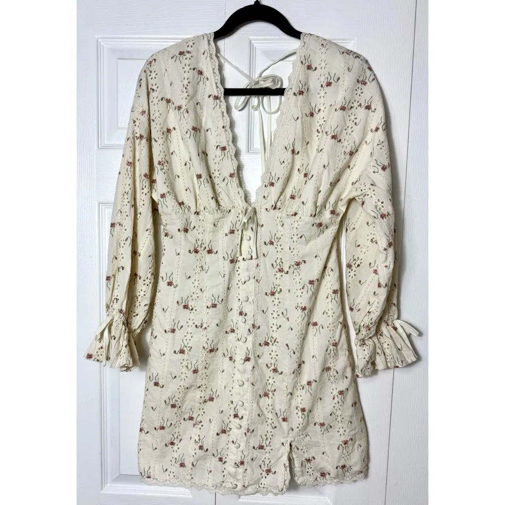 ASOS Design Cream Floral Eyelet Lace Mini Dress Blouson Sleeve Size 6 - Image 6