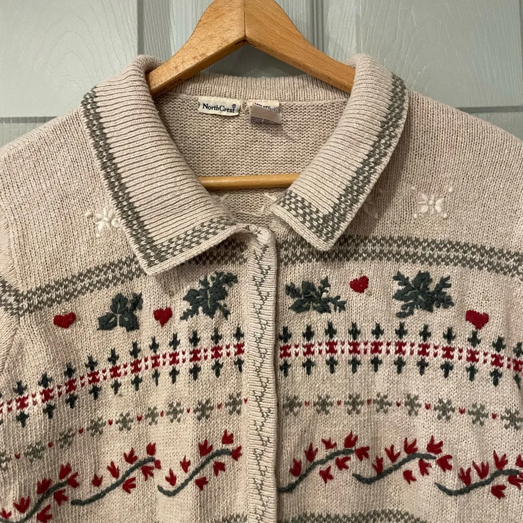 Northcrest Women's L Cream Cardigan Winter Holiday Ramie Blend Snowflake Red Size L - Image 2