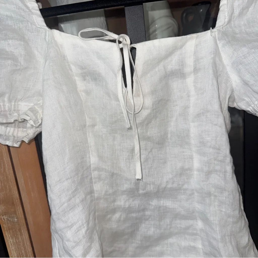 H&M linen smocked blouse top puff short sleeve tie front bow square neck new - Image 4