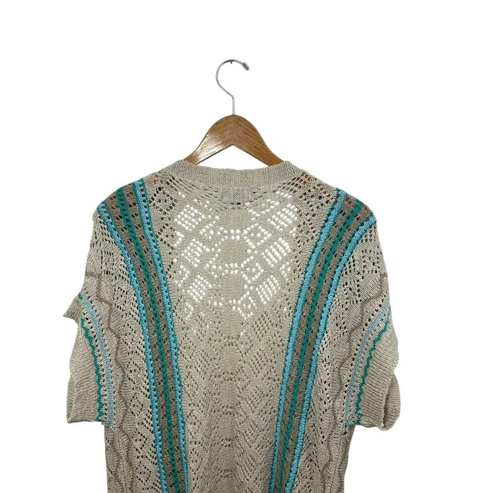 Crochet Duster Cardigan Festival Large Beige Hippie Short Sleeve Boho Lagenlook Tan - Image 5