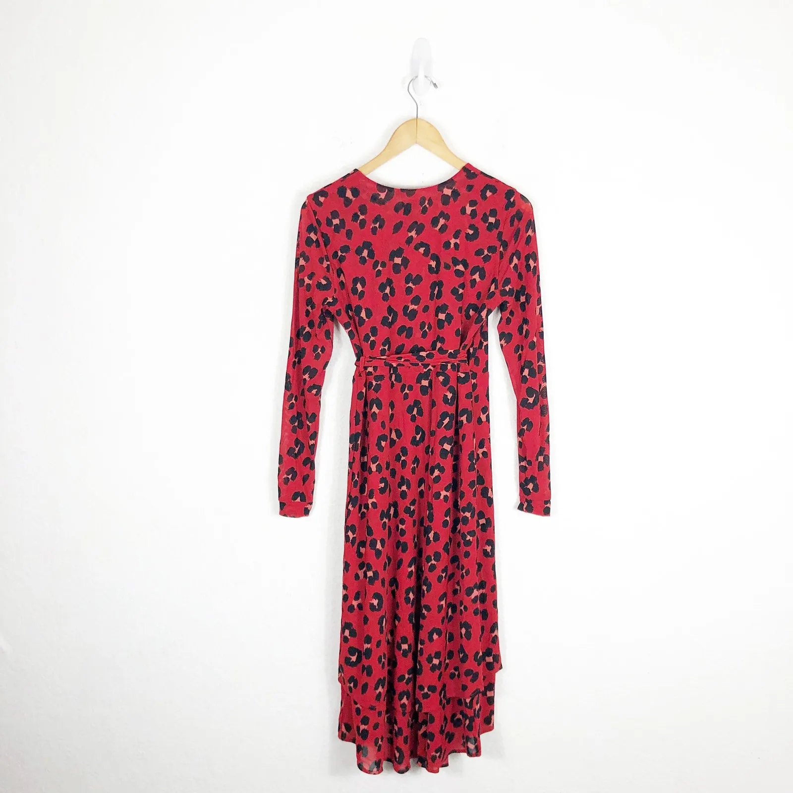 CAbi Siren Wrap Midi Dress Small Red Leopard Animal Print Long Sleeves Chic - Image 14