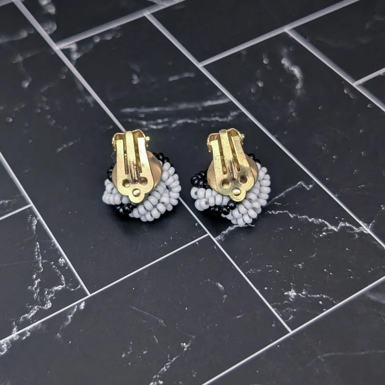 Vintage Clip On Earrings Retro Black & White Beaded Wrap Knot Design - Image 6