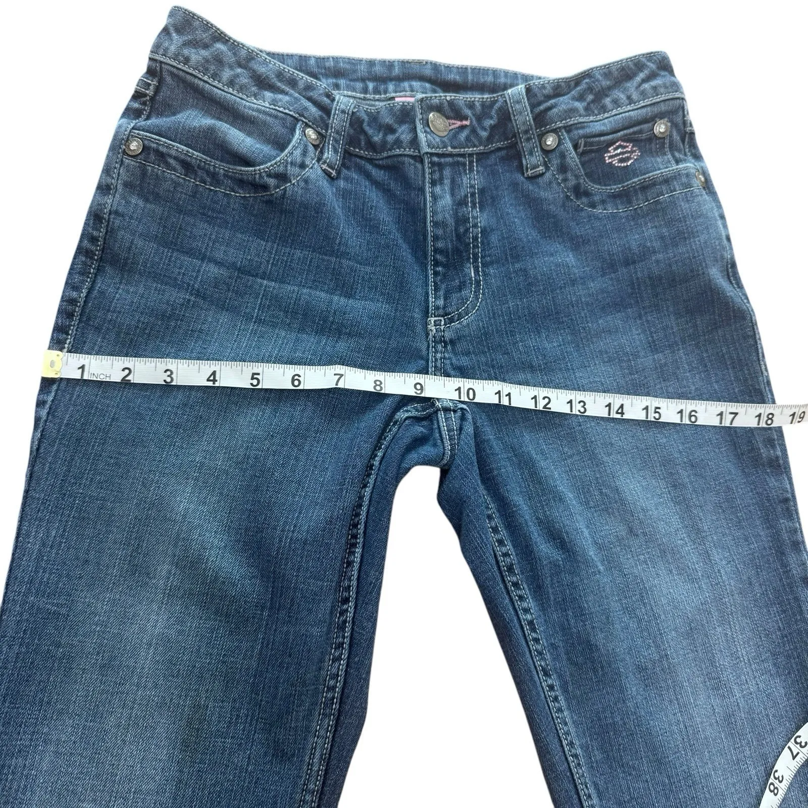 Harley Davidson Women's Rhinestone Embellished Denim Jeans Bootcut Biker Size 6 Blue - Image 7