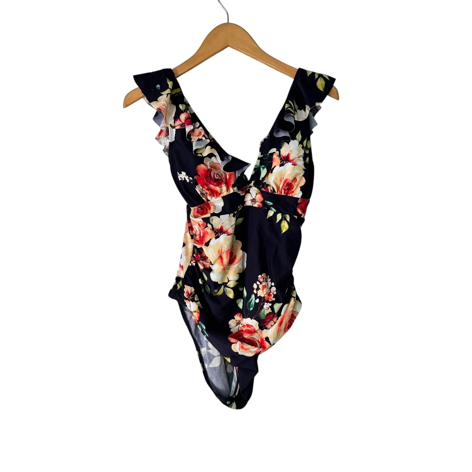 Cupshe M Floral Ruffle One Piece Swimsuit Black Red Peach Beach Pool Vacation‎ - Image 9