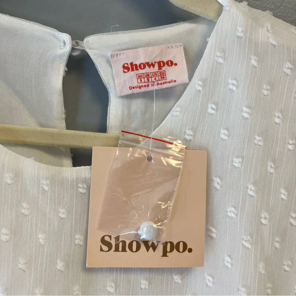 Showpo. Dress White Perfect Solution Mini Dress Sz 4 NWT Swiss Dots Wrap - Image 8