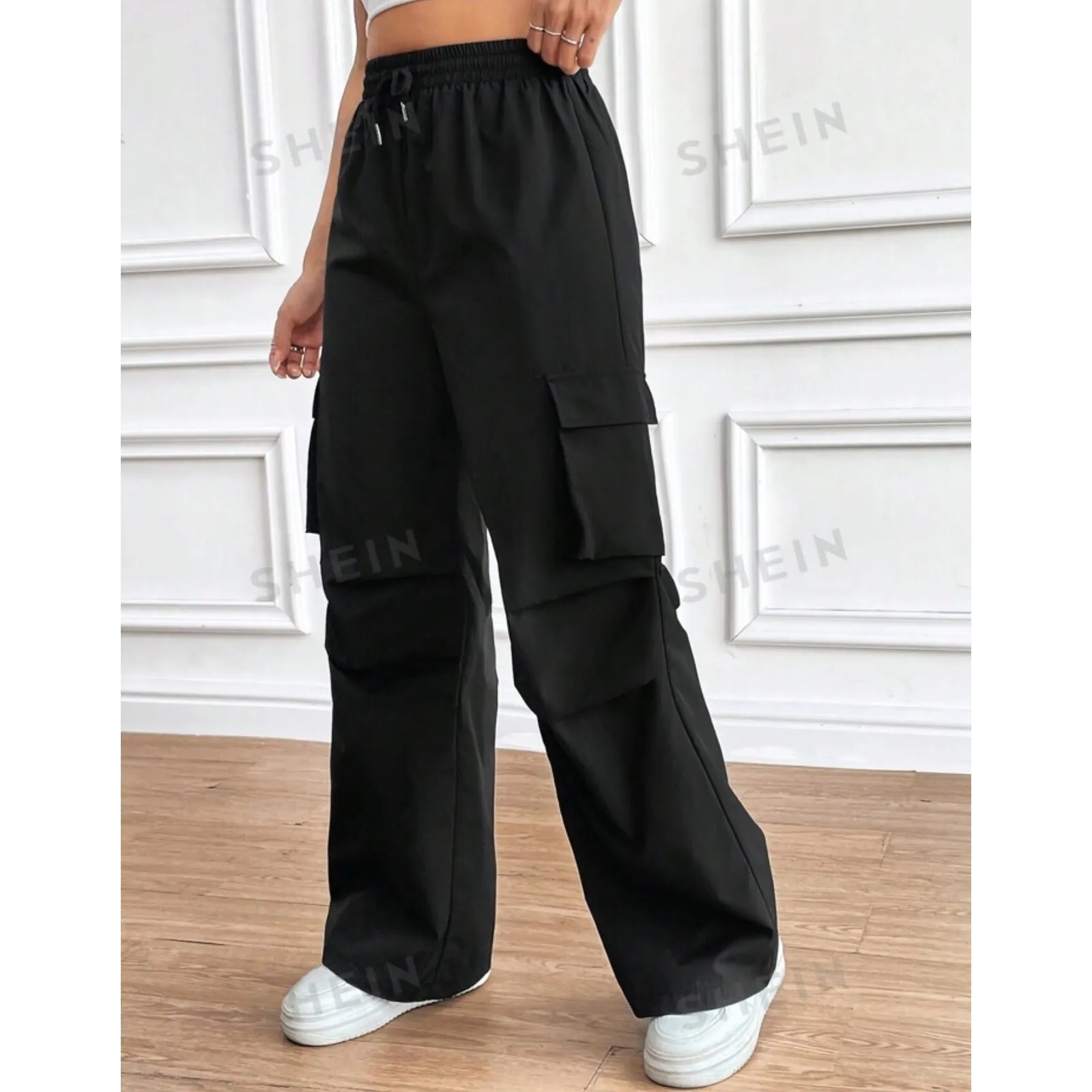 Shein Women's Black Cargo Pants Wide M Leg High Waist Drawstring Casual Trousers - Image 2