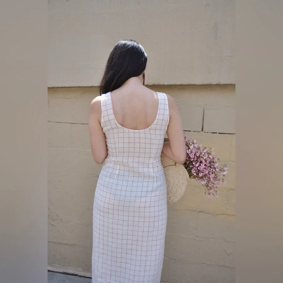 Paloma Wool Galatea 100% Linen Checkered Sleeveless Midi Dress Size UK 40 /US 6 White - Image 10