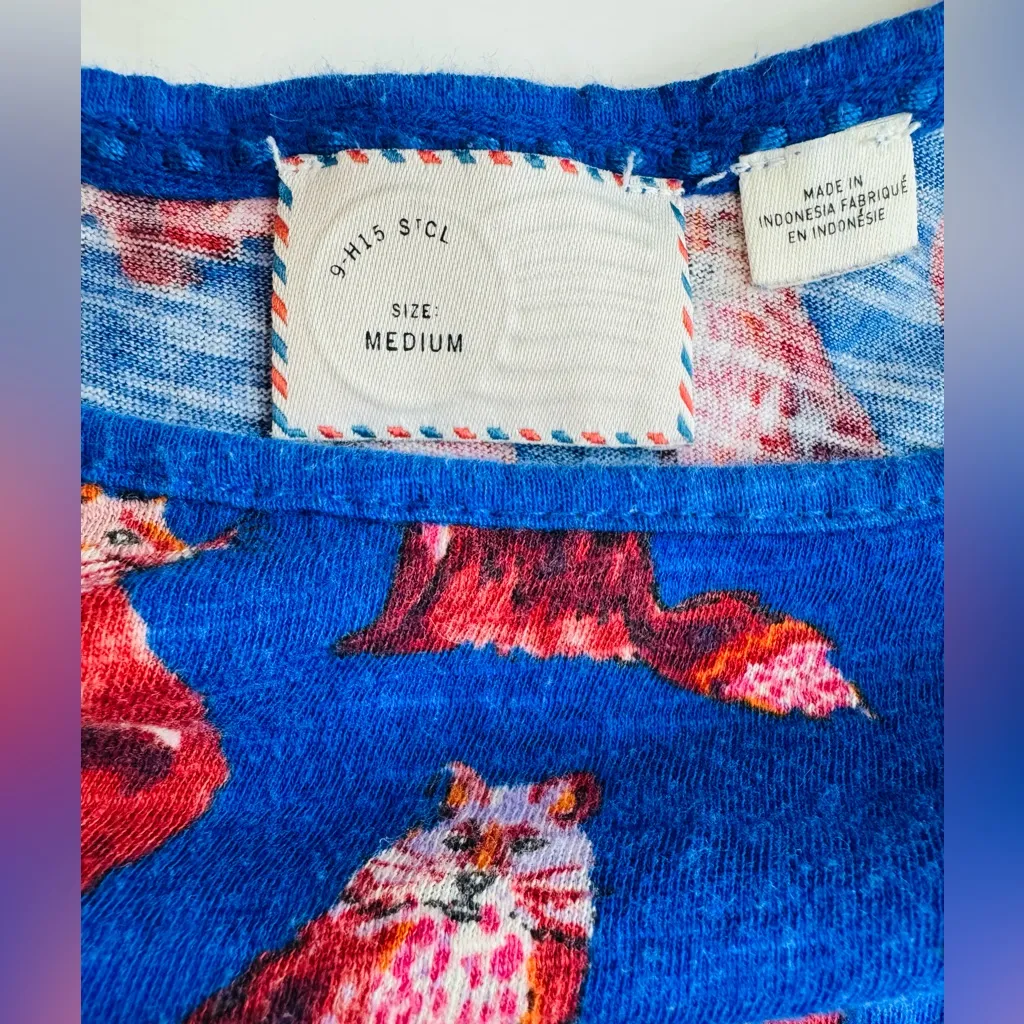 Anthropologie Postmark Forest Fete Fox Print Scoopneck Top Blue Size M - Image 9
