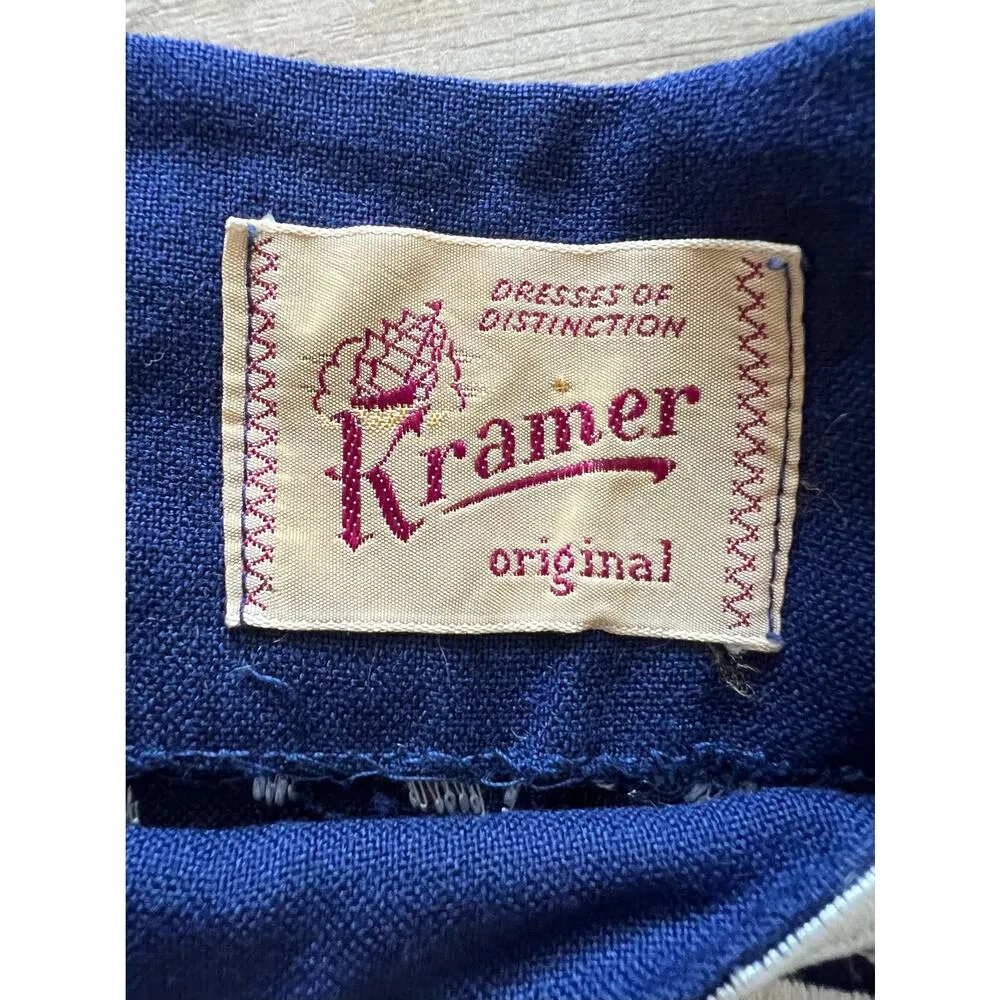 Vintage 1950s Navy White Embroidered Dress 50s Embroidered Cotton Wiggle Kramer Blue - Image 2