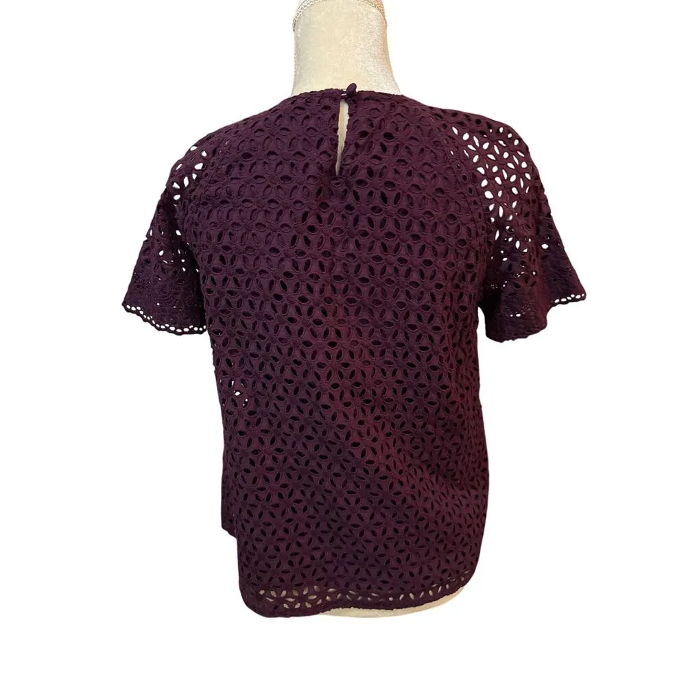 J.Crew Eyelet purple blouse top lace deep purple sz 8 flowy pullover shirt women - Image 5