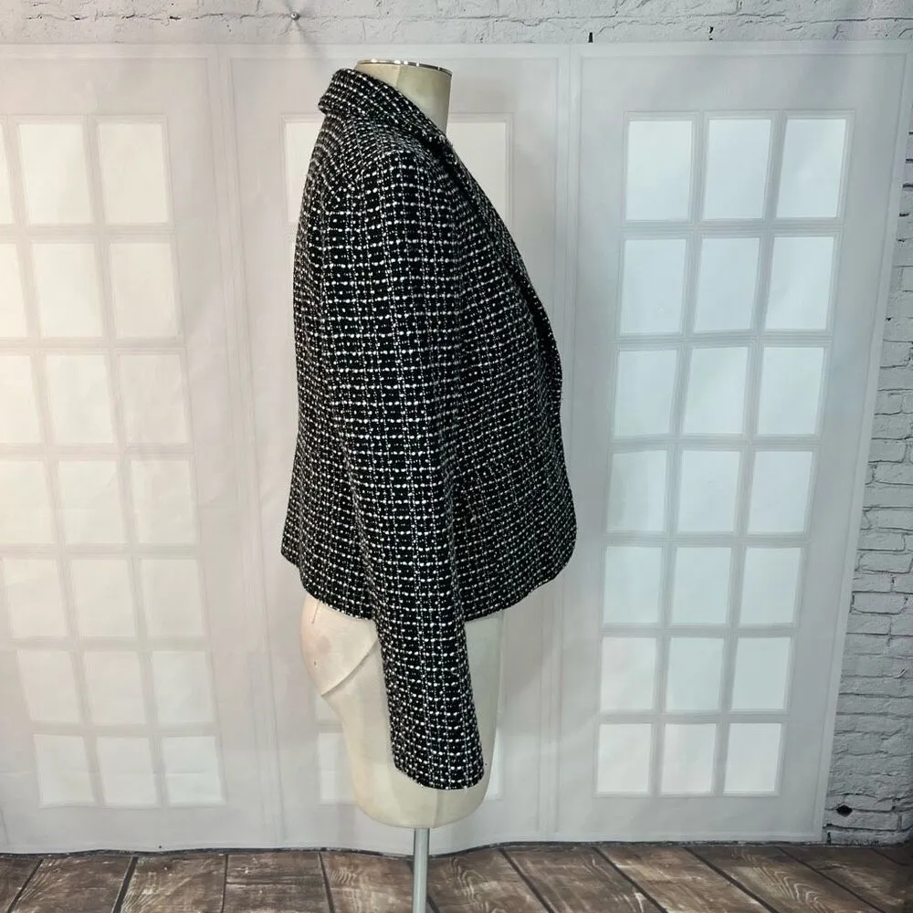 Ann Taylor Black White One Button Shawl Lapel Lined Tweed Blazer Size 6 - Image 4