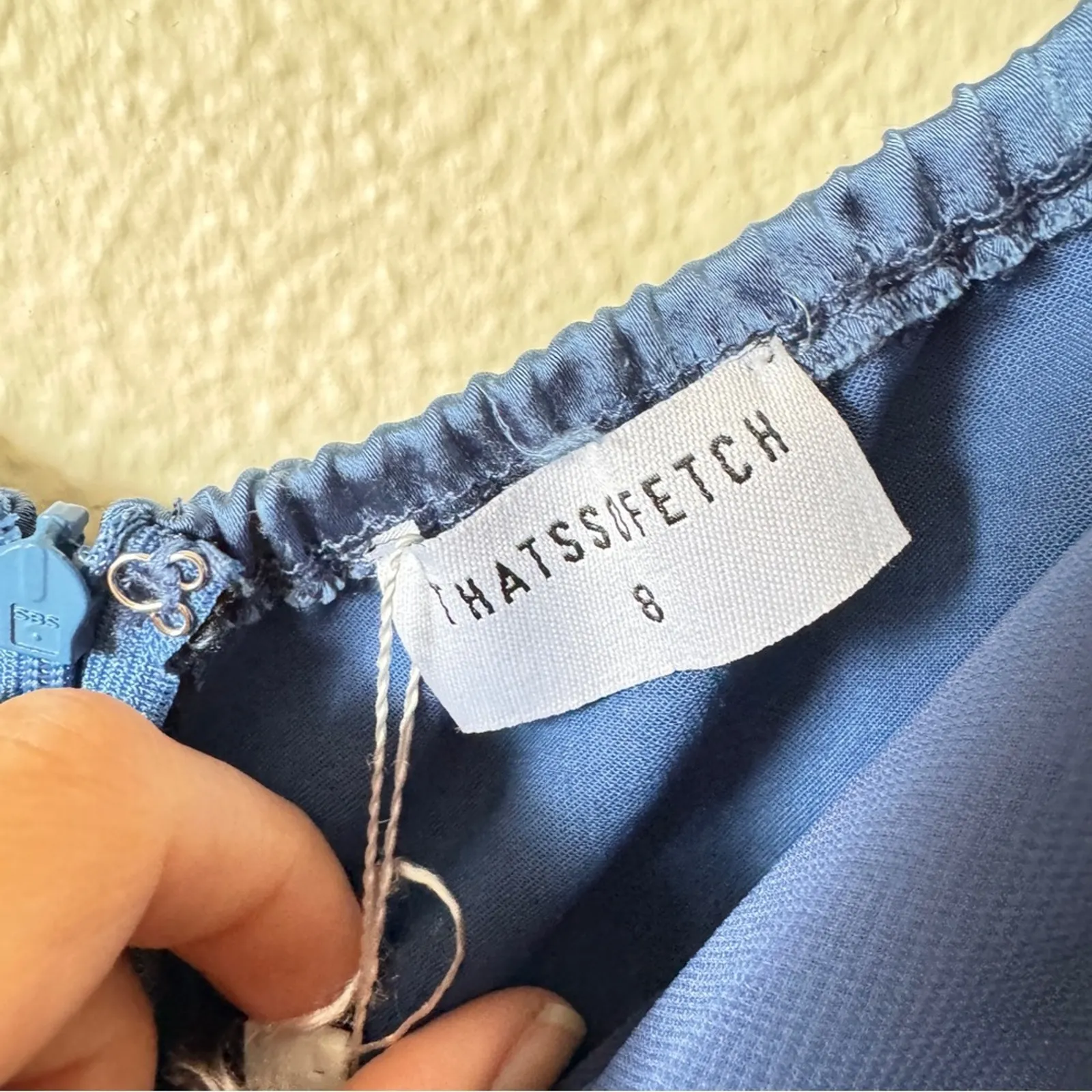 Thats So Fetch Blue Satin Off Shoulder Bodycon Mini Dress Womens 8 Baddie Ruched - Image 8