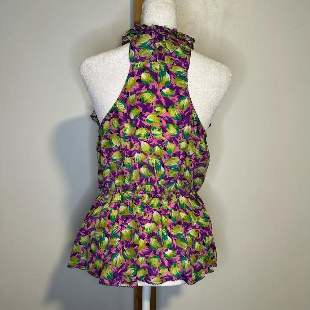 Odille Anthropologie green, pink & purple floral silk sleeveless top size 6 - Image 4
