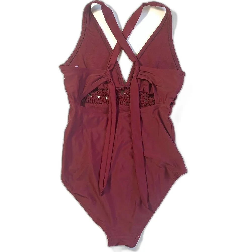 Kona Sol Burgundy Women's Macrame Medium Coverage One Piece Swimsuit Size S - Image 2