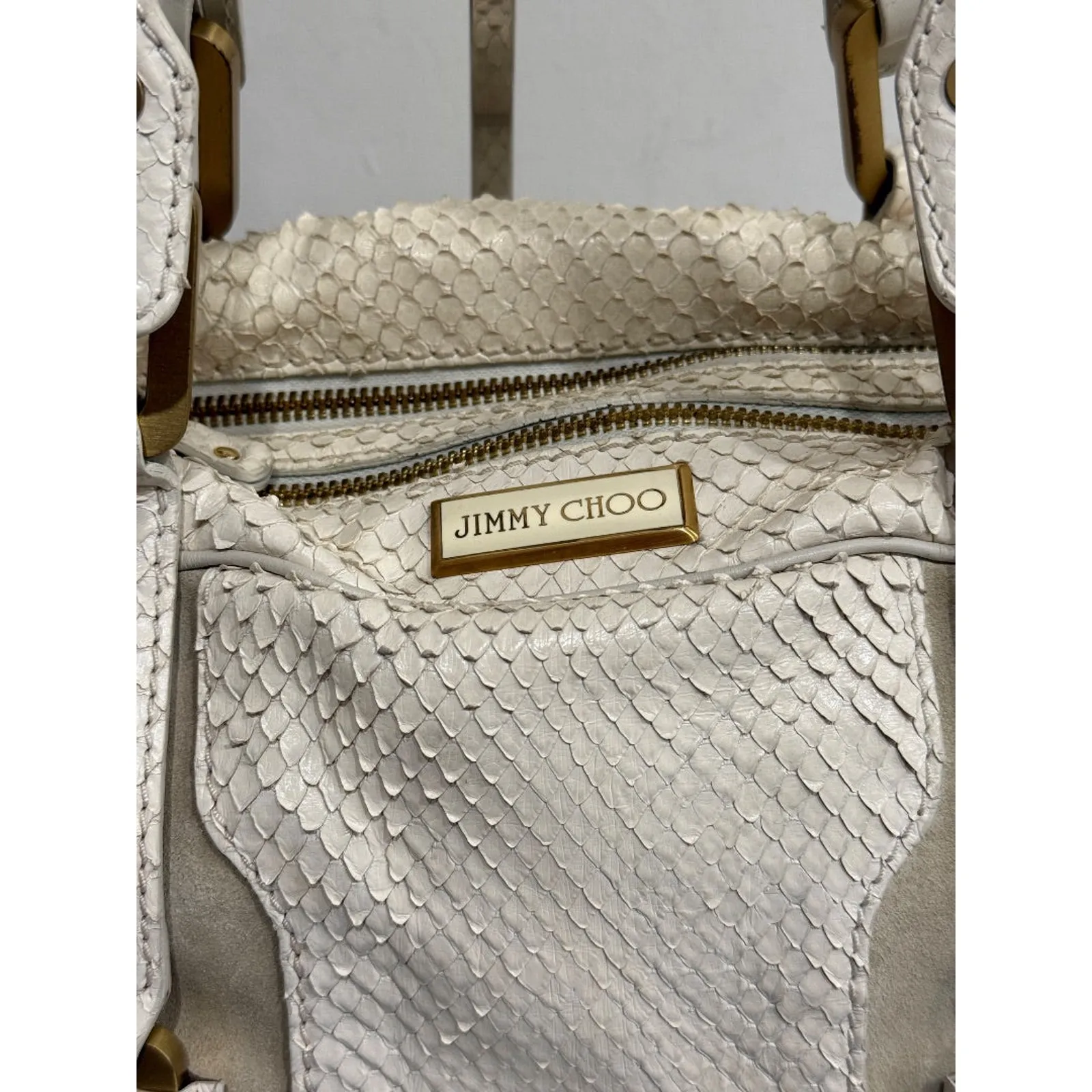 Jimmy Choo  Suede Trim Python Embossed Leather Shoulder Top Handle Bag Off White - Image 3