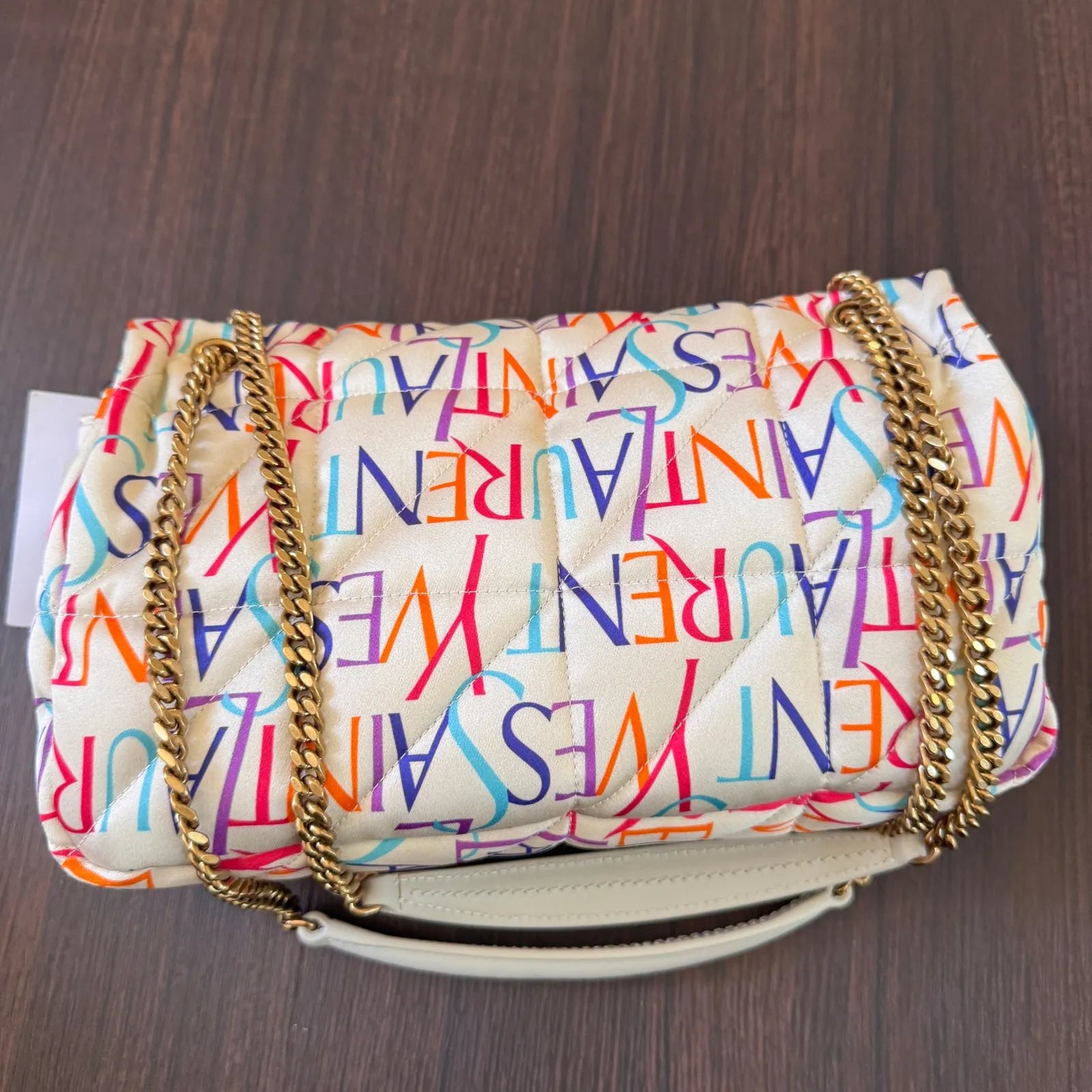 YSL Saint Laurent Jamie Medium Logo Print Quilted Silk Crossbody Handbag - Image 3