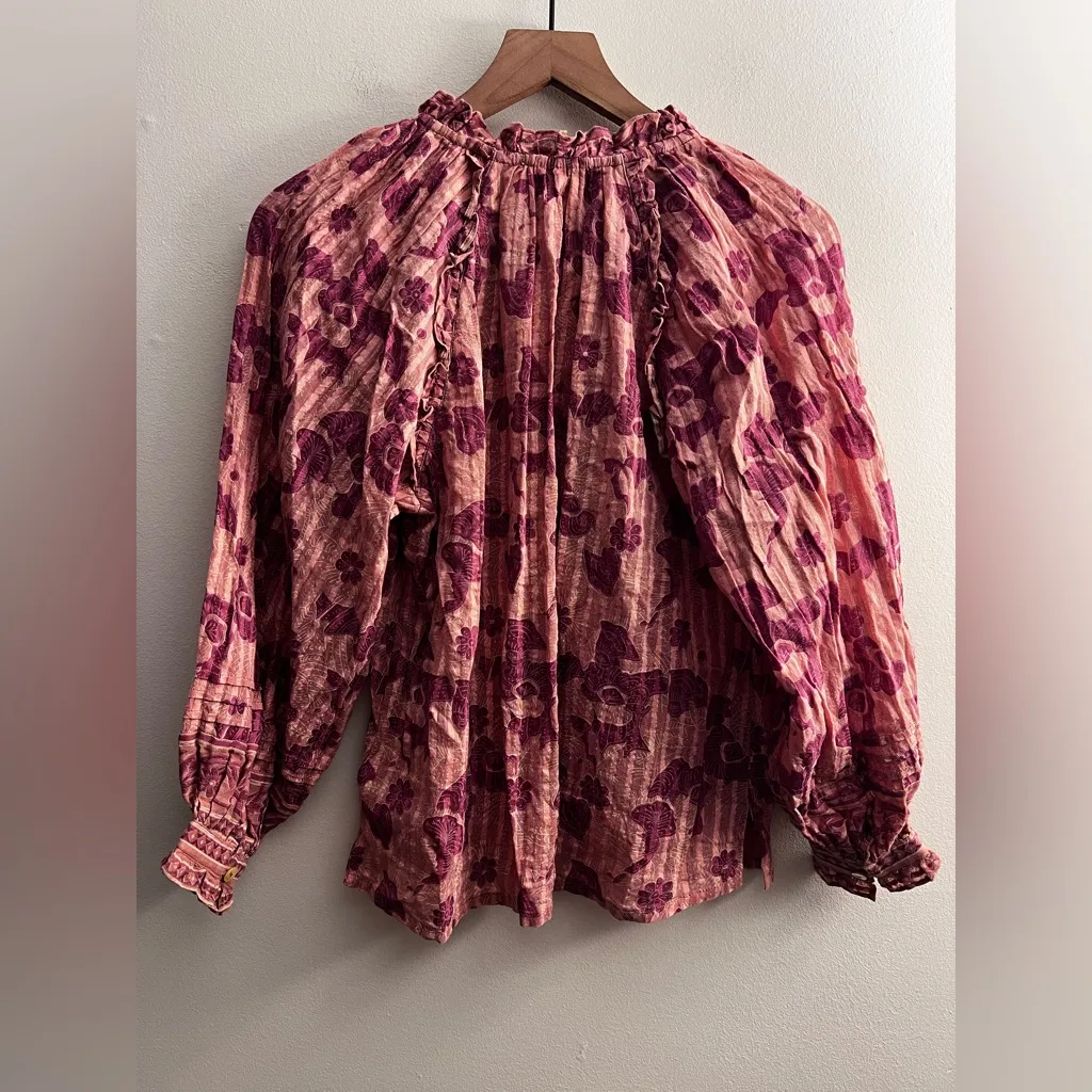 Cleobella Remmy Blouse Batik Print pink floral long sleeve ruffle Organic cotton - Image 3