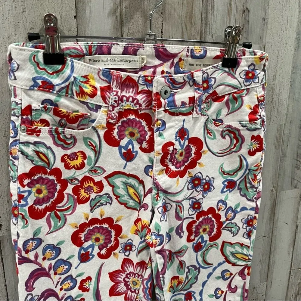 Anthropologie Pilcro Jeans Mid Rise Skinny White Colorful Floral Pattern - Image 3