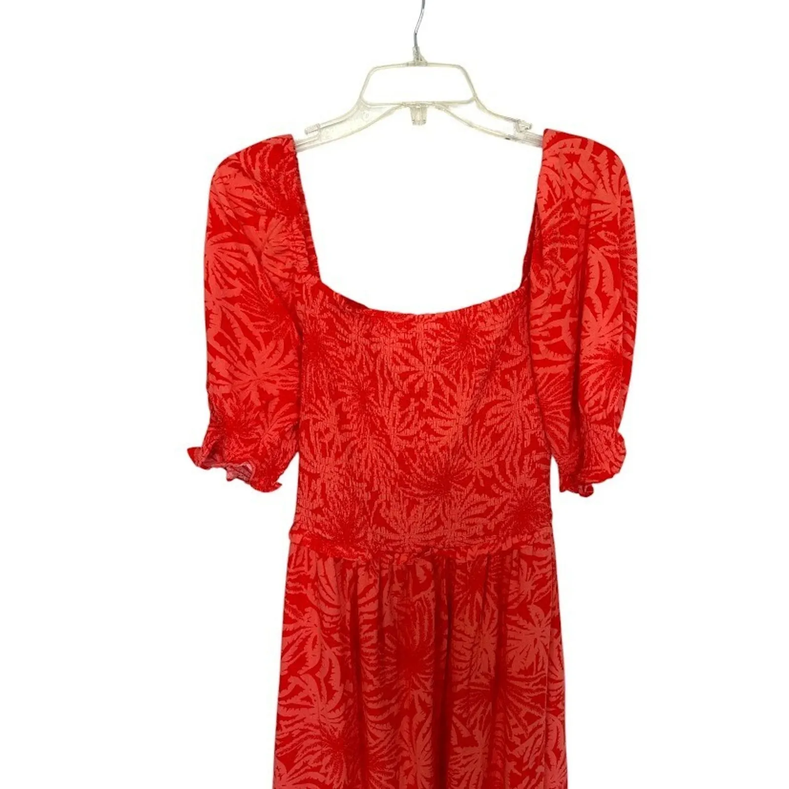 Betsey Johnson Maxi Dress Large Orange Palm Leaf Print Tropical Tiered Smocked - Image 3