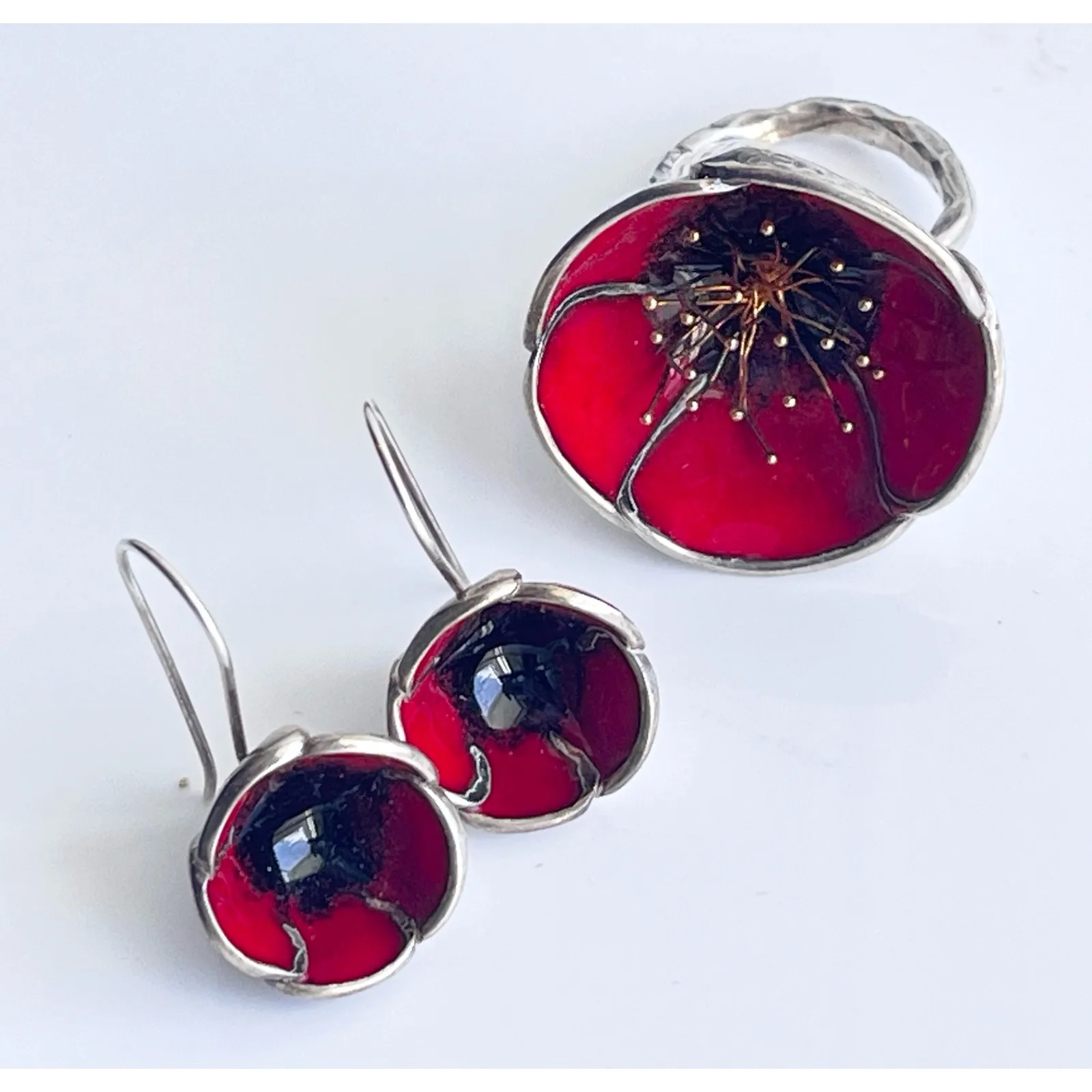Poppy Flower Ring Earring Set Sterling Silver Adjustable Red Enameled Metal Art - Image 8