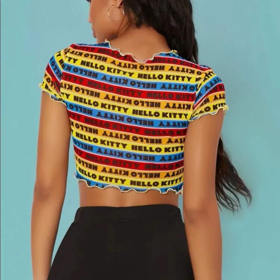 SHEIN X Hello Kitty and Friends Colorful Letter Graphic Lettuce Trim Sheer Top - Image 3