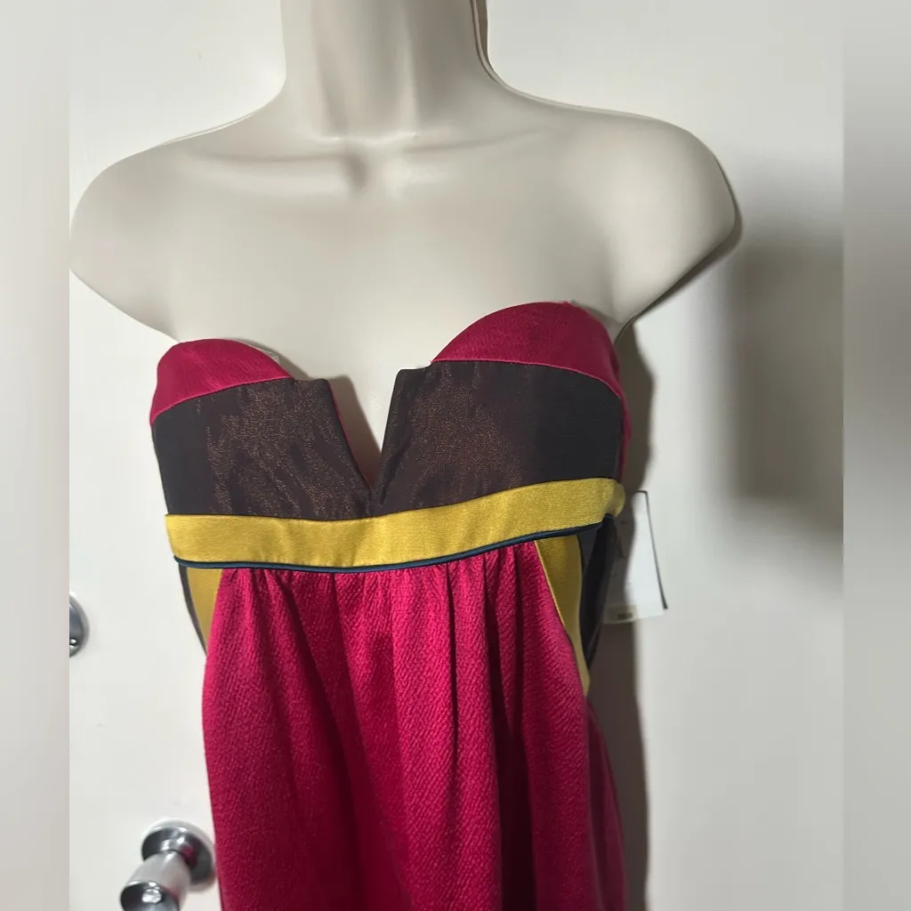 Nicole Miller Strapless Dress in Red with Brown and Gold Accents - Image 3