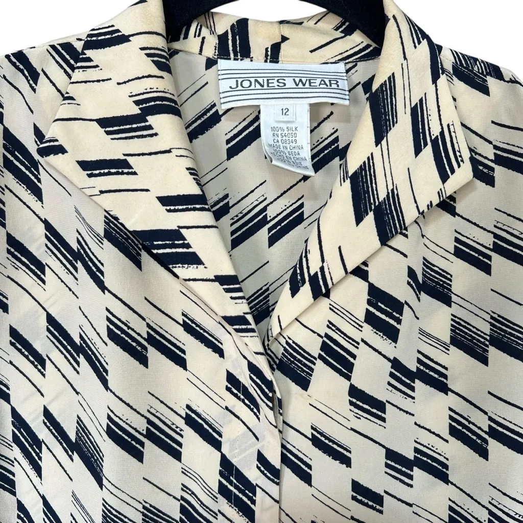 Jones Wear 100% Silk Button Down Women’s Vintage Blouse Top Black Cream Size 12 - Image 2