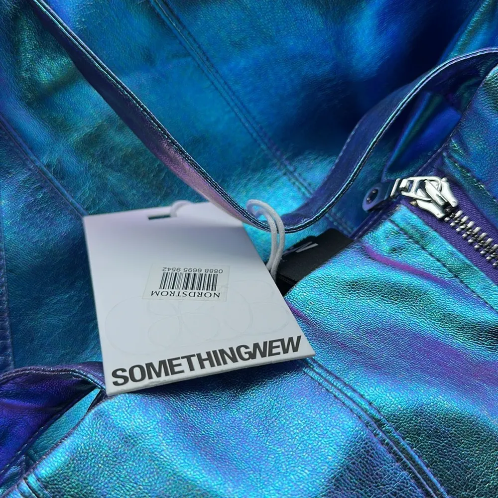 NWT Somethingnew Revolve metallic Iridescent Heather midi faux leather dress L Blue Size L - Image 4