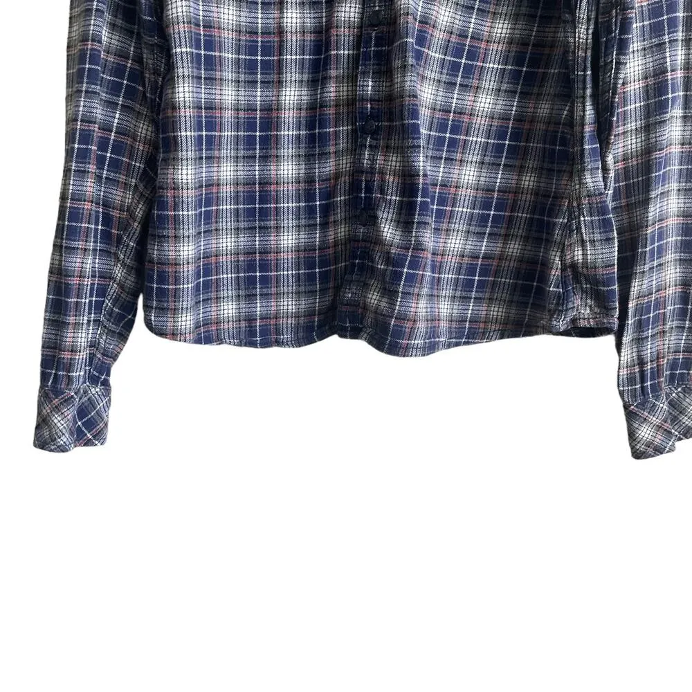 TNA Top Women Flannel L Blue Collared Long Sleeve Plaid Button Up Pockets Cotton Size L - Image 8