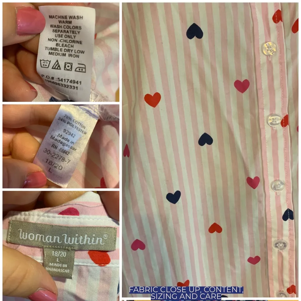 WOMAN WITHIN PINK STRIPED & HEART PRINT COTTON BLEND BUTTON DOWN SHIRT (18/20) - Image 9