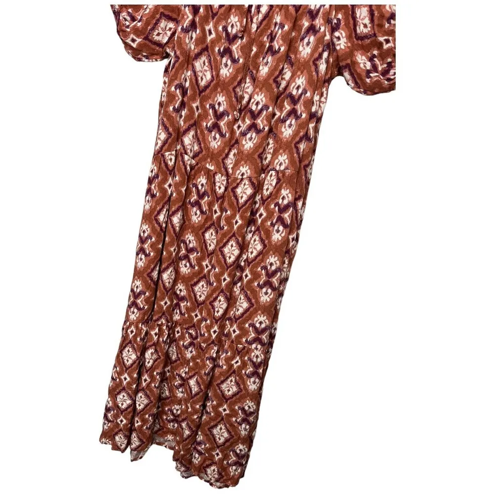 Knox Rose Midi Floral Tiered Boho Scoop Neck Short Puff Sleeves Tie Rust XXL - Image 7