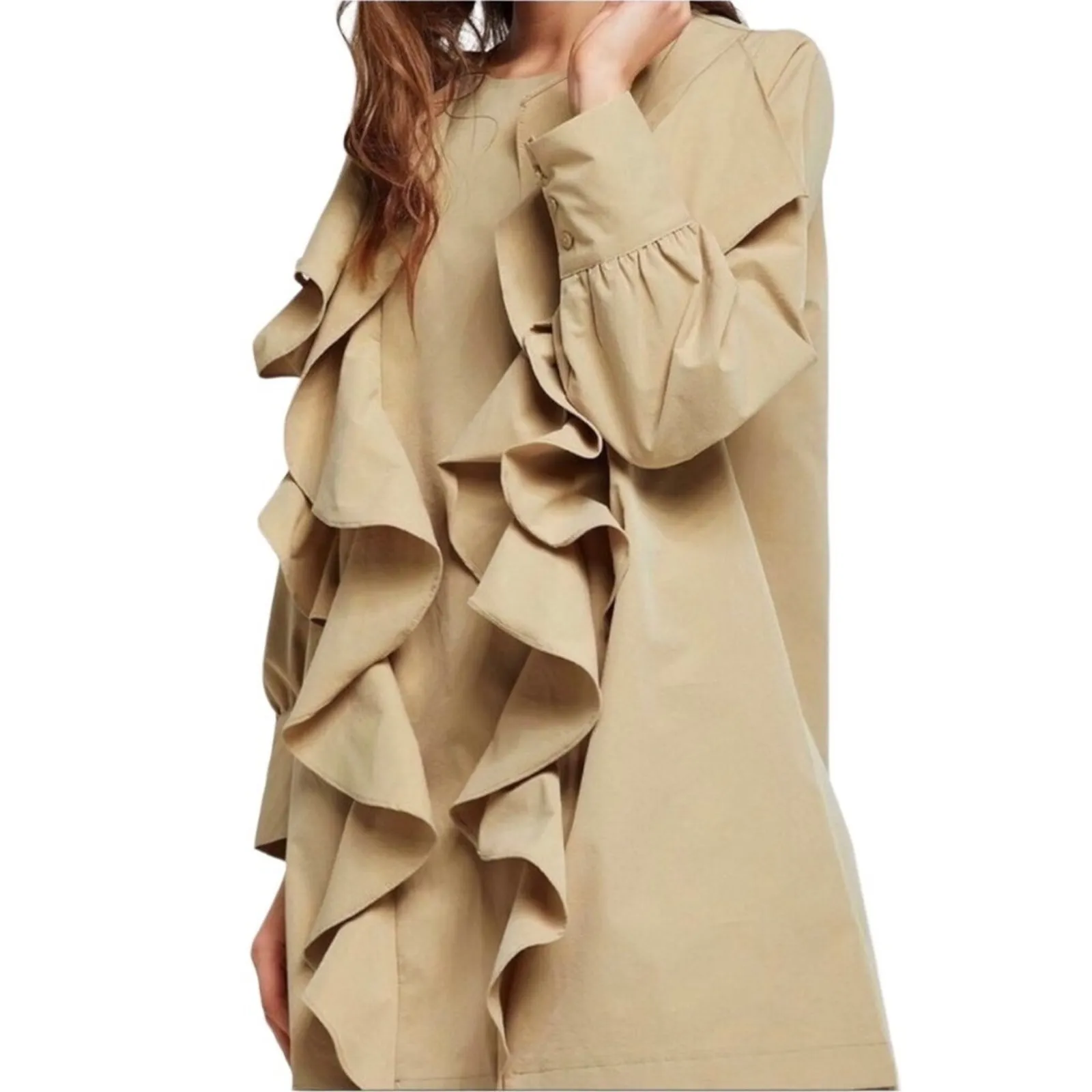 STORETS Double Ruffle Mini Dress-Tunic S/M Tan Coquette Boho Chick Fairy Party - Image 3
