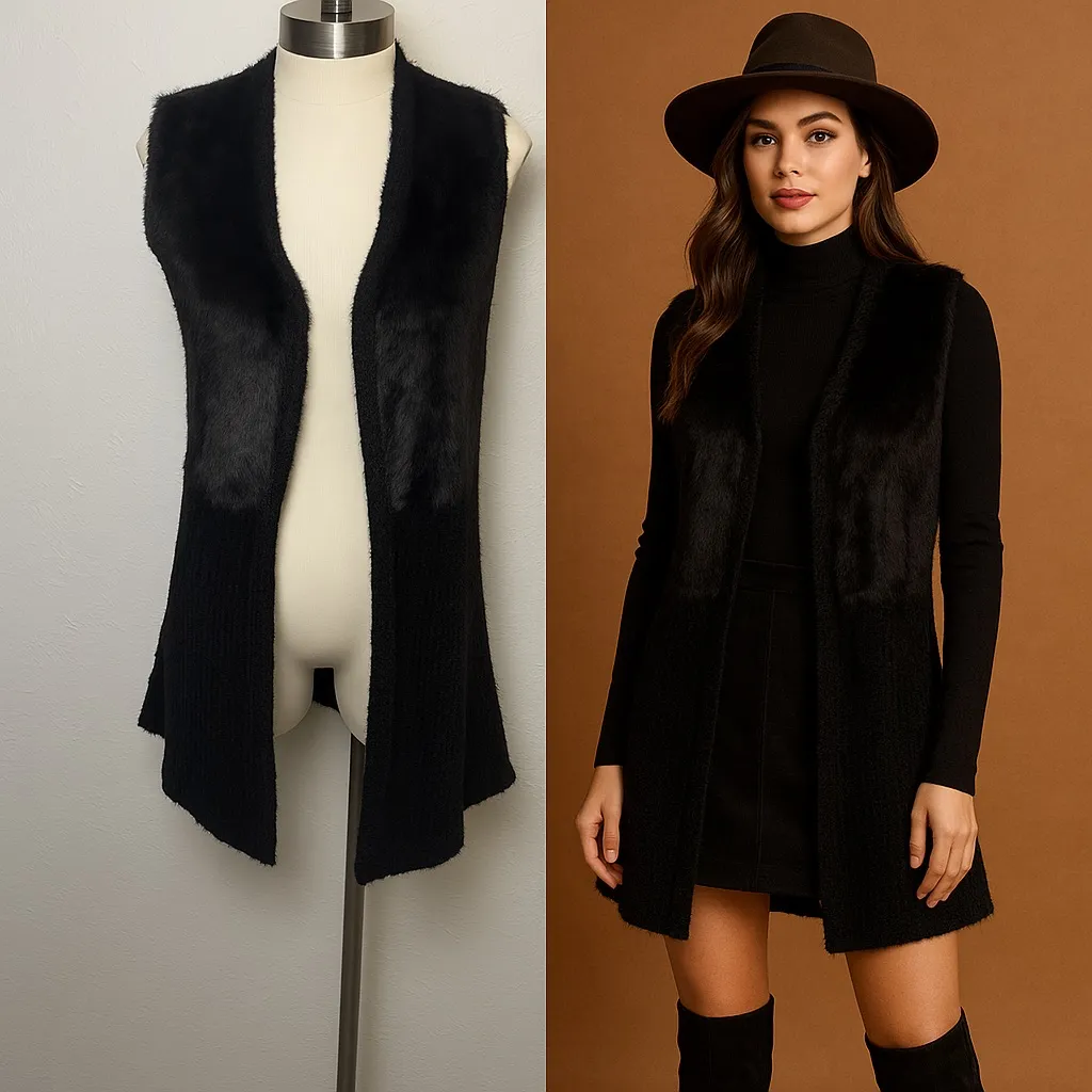 Valerie Stevens Black Faux Fur Knit Vest Size S | Longline Open Front Layering - Image 9
