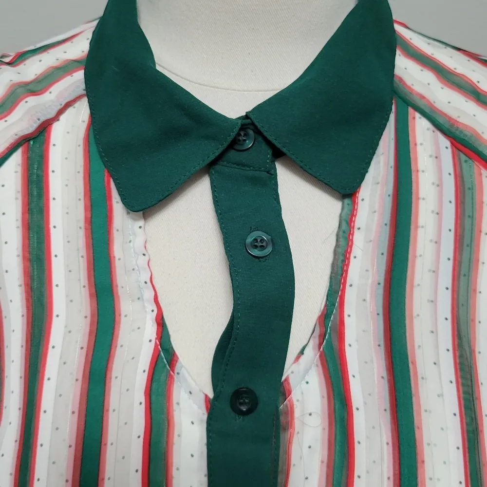 Eye Candy red green striped cutout cold shoulder blouse size medium - Image 2