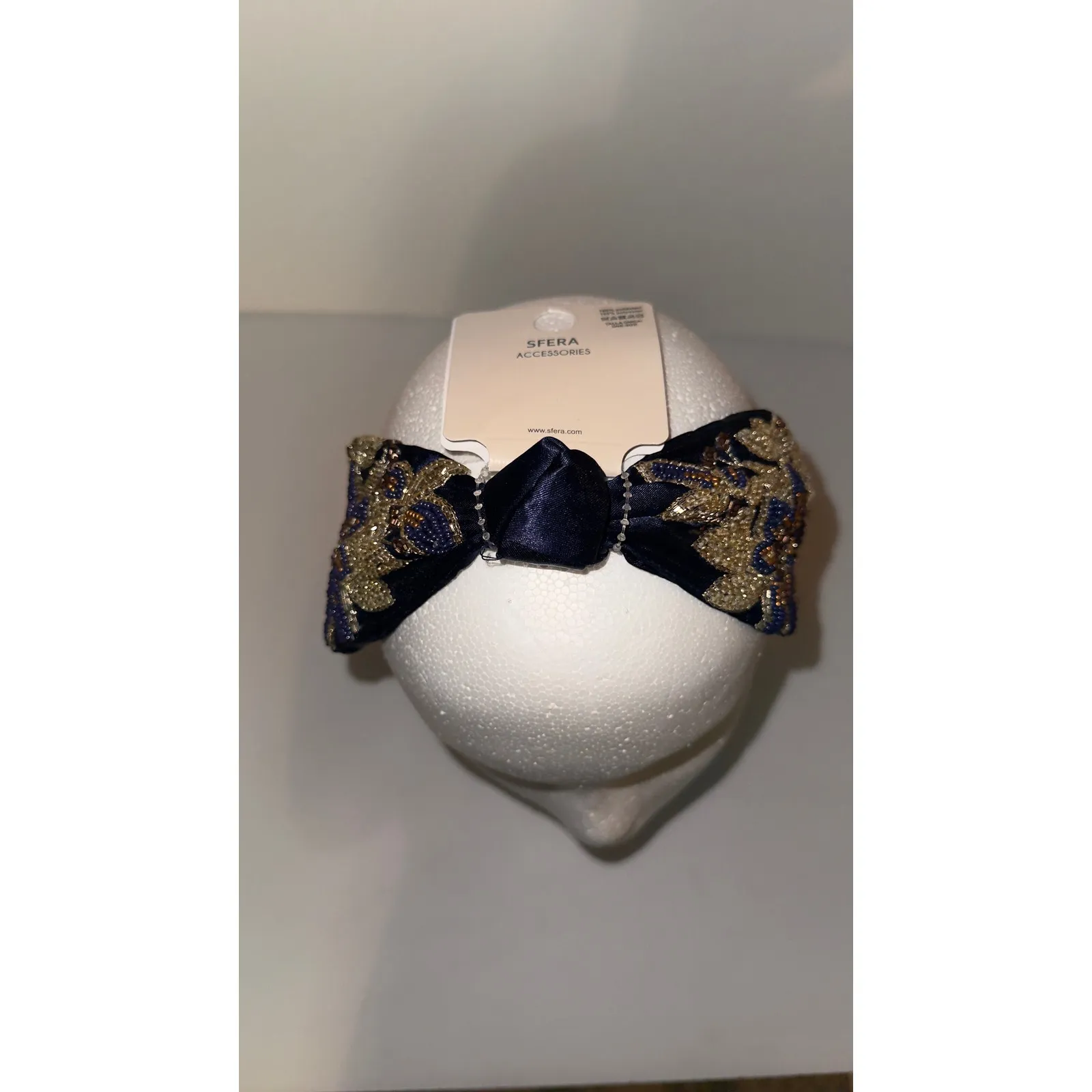 Headband Embellished Beaded Floral Knot Navy Blue & Gold - Image 7