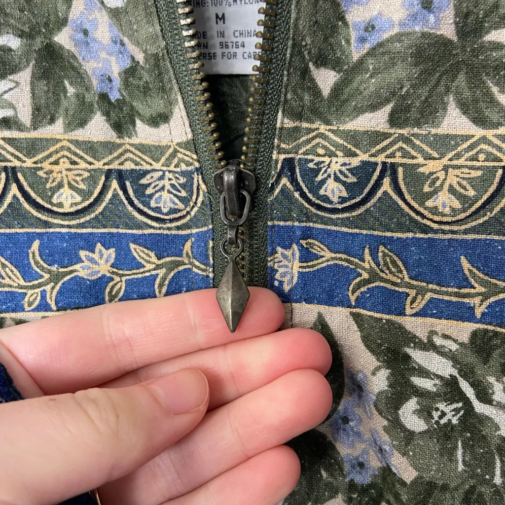 Vintage Vital Zone women’s pattern silk‎ elastic cuff zip textured jacket medium Green - Image 3