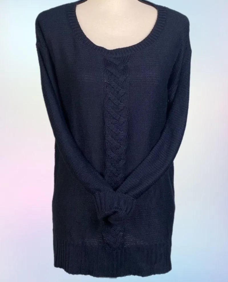 JOE FRESH navy knit sweater with a wide cable knit stripe in front. Large. EUC - Image 2