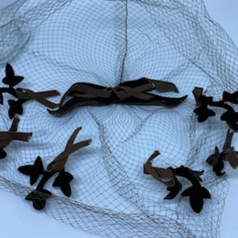 Vintage Brown Tulle Head Piece with Velvet Leaf Brown - Image 7