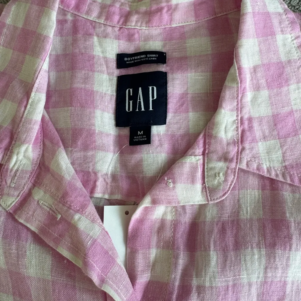 GAP Pink White Gingham Plaid 100% Linen Boyfriend Button Down Shirt Medium NWT - Image 10