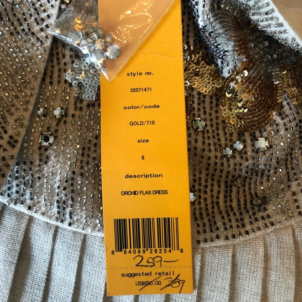 Tory Burch orchid flax gold beaded cotton linen blend dress women’s size‎ 8 - Image 4