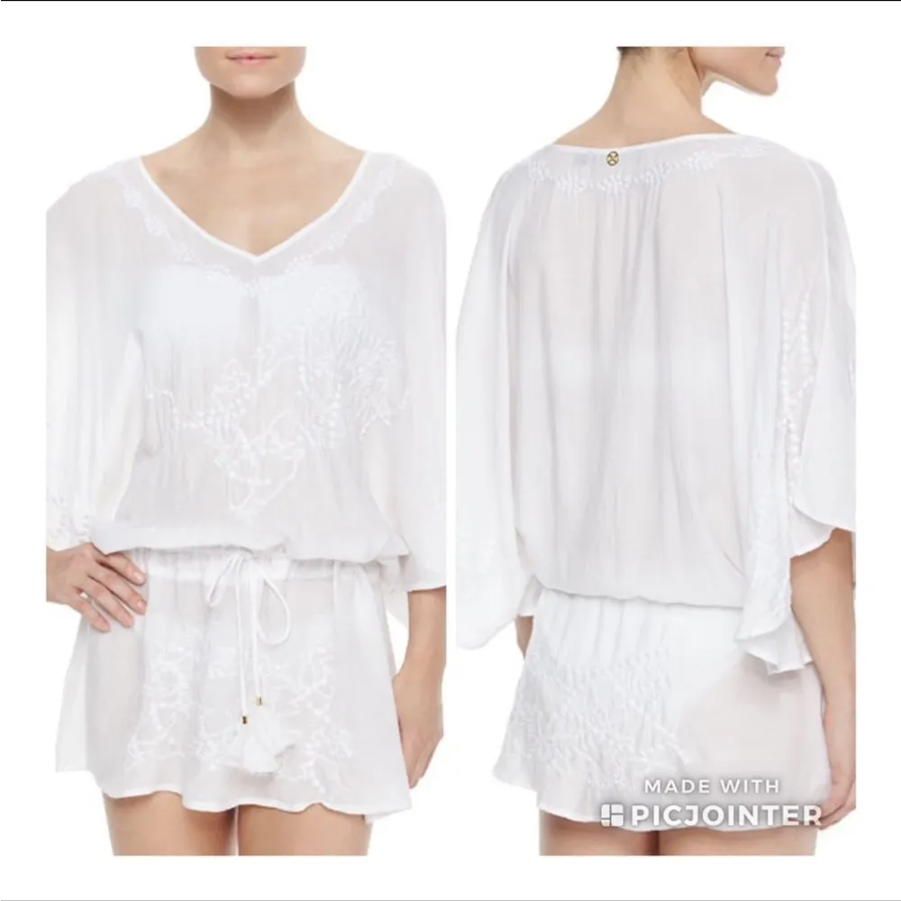 ViX Embroidered Sheer Drawstring Cover Up Tunic Voile White S - Image 2