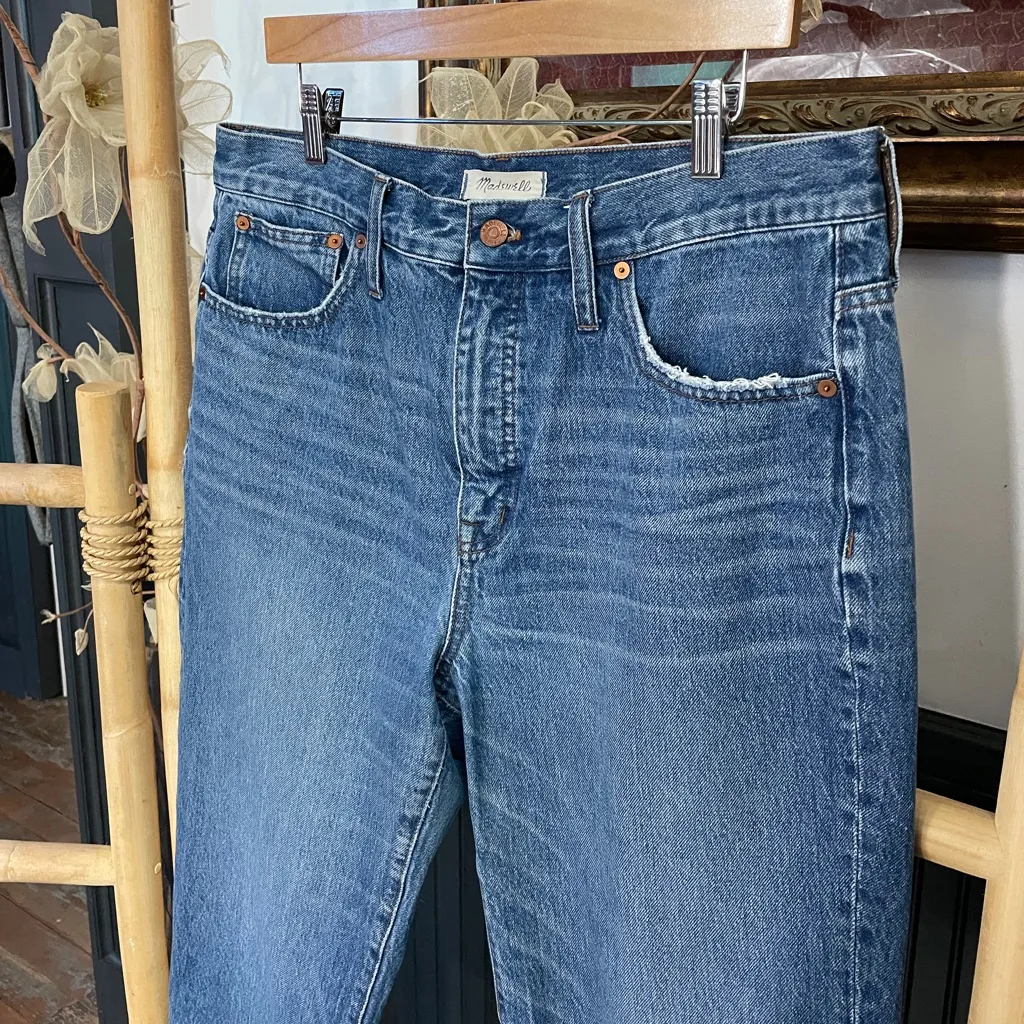 Madewell Classic Straight Denim Mid Wash Jeans Knee-Rip Edition‎ - Sz 32 💚🎀 - Image 5